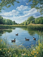 Aufkleber - Tranquil duck pond surrounded by lush greenery and vibrant flowers under a bright blue sky. Generative AI