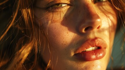 Canvas Print - Close-up portrait of a beautiful young woman with freckles on her face.