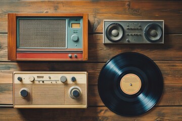 Poster - Classic audio equipment and vinyl record displayed on a rustic wooden surface at home. Generative AI