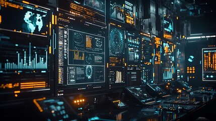 Poster - Futuristic Control Room Monitors Displaying Global Data