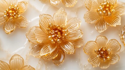 Honey-filled combs resting on a white surface with golden honey oozing out and puddling around them softly