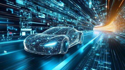 Poster - A futuristic concept car traveling through a digital tunnel with speed and motion blur