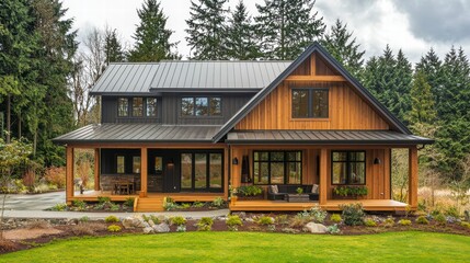 Modern Farmhouse in Forest: A striking modern farmhouse with a cedar wood facade and black metal roof stands nestled in a serene forest setting.