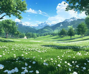 Aufkleber - A serene landscape features green grass, white flowers, trees, and mountains under a clear blue sky, creating a peaceful natural scene