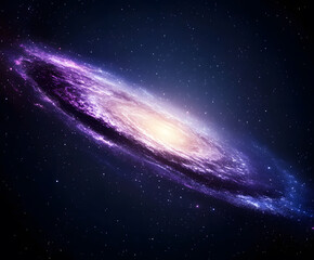 Poster - A stunning depiction of a spiral galaxy, showcasing vibrant purple hues against a dark cosmic backdrop, evoking the vastness of the universe