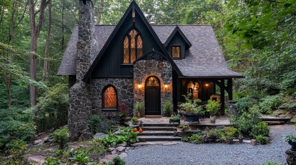 A quaint, whimsical cottage nestled amongst lush greenery. The stone exterior, with its arched windows and gabled roof, evokes a sense of charm and mystery.