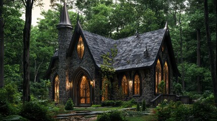 A quaint, whimsical cottage nestled amongst lush greenery. The stone exterior, with its arched windows and gabled roof, evokes a sense of charm and mystery.