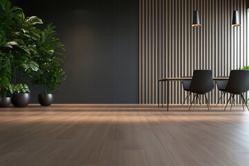 Wall Mural - Modern dining room, dark wood floor, plants, minimalist design, home interior