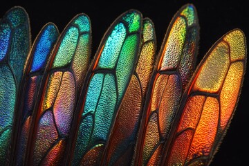 Poster - Close-up of iridescent insect wings showcasing vibrant colors and intricate vein patterns.