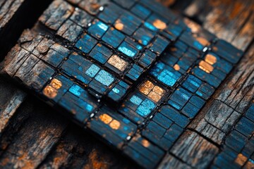 Aufkleber - Abstract close-up of textured dark surface with blue and gold square patterns.