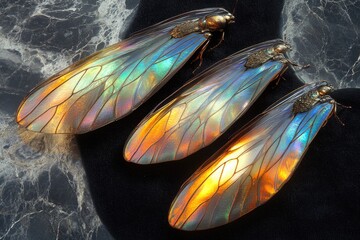 Poster - Three iridescent insect wings with vibrant colors and intricate patterns displayed on a dark marble surface.