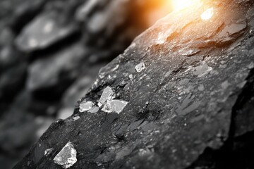 Aufkleber - Close-up of a dark, rough rock surface with scattered, glittering fragments.