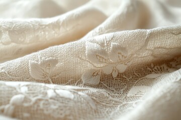 Aufkleber - Delicate off-white fabric with embroidered floral patterns, showcasing intricate detailing and soft texture.