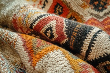 Poster - Close-up of a richly textured hand-woven rug with vibrant, earthy tones and intricate patterns.