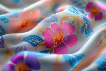 Aufkleber - Soft, flowing silk fabric with a vibrant floral print featuring pink, orange, and blue flowers.