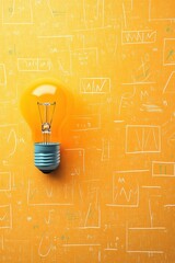 Poster - a bright yellow light bulb against an orange background with abstract mathematical patterns, symboli
