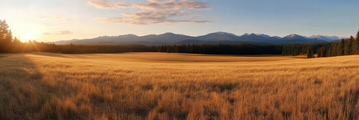 Poster - Golden fields stretch beneath a sunset sky with mountains in the distance showcasing natural beauty. Generative AI