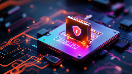 Poster - close up of computer chip with security shield symbol, glowing in neon colors