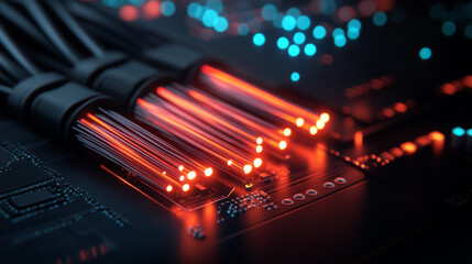 Wall Mural - close up of glowing fiber optic cables on circuit board, showcasing technology