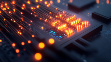 Poster - close up of glowing fiber optic cables on circuit board, showcasing technology