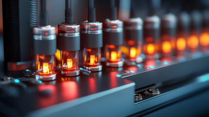 Poster - Close up of illuminated fiber optic connectors in modern telecommunication setup