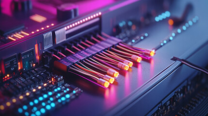Poster - Close up of fiber optic connectors with glowing lights in modern telecommunication setup