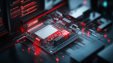 Poster - High tech circuit board with glowing components and data streams