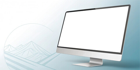 Desktop Computer Mockup: A sleek desktop computer with a blank white screen sits on a minimalist desk against a soft blue background, presenting an opportunity to showcase your designs or branding. 