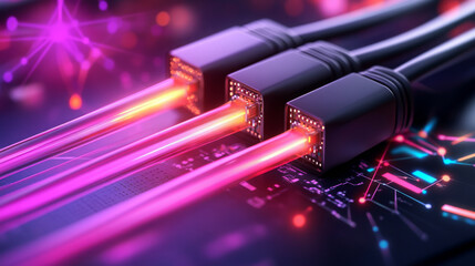 Poster - High tech cables with glowing connectors on circuit board background
