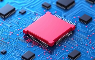 Poster - A close-up view of a red microchip on a blue circuit board, showcasing intricate electronic components and connections.