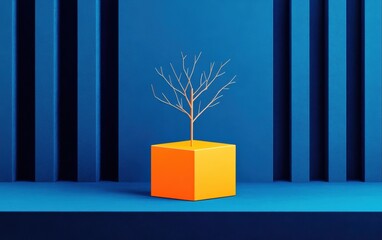 Poster - A minimalist scene featuring a bare tree atop an orange cube against a bold blue background, symbolizing contrast and creativity.