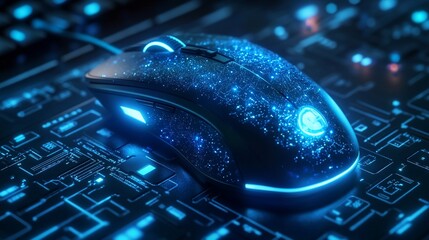 Poster - A glowing gaming mouse sits on a circuit board with blue lights and star-like patterns