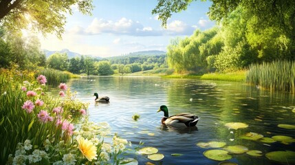 Poster - Ducks swimming in a serene lake surrounded by vibrant flowers and lush greenery during a sunny day. Generative AI