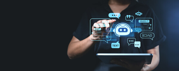 Fototapete - Interactive chatbot interface concept with glowing icons.