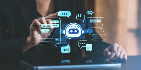 Poster - businessperson interacting with chatbot interface on tablet screen.