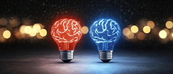 Poster - Creative light bulbs represent innovative ideas and inspiration in a dazzling dark setting, perfect for brainstorming themes.