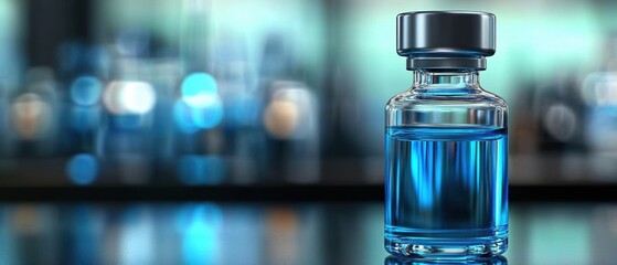 Poster - A close-up of a blue liquid in a glass bottle, illuminated by soft light, creating a vibrant and calming atmosphere.