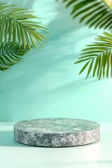 Poster - Modern display pedestal surrounded by tropical leaves in a serene, mint green setting, ideal for product showcasing and photography.