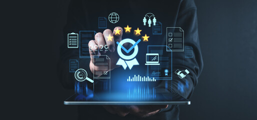 Poster - Digital customer feedback concept with a hand interacting with rating icons and documents on a tablet, glowing in blue on a dark background.