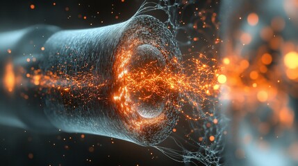 Fototapete - Abstract representation of energy flow, light, connection and data transferring with glowing particle elements