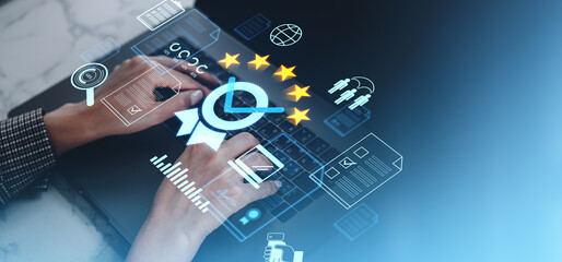 Poster - Digital illustration of hands typing on a laptop with glowing icons of reviews, stars, and analytics on a blue background.