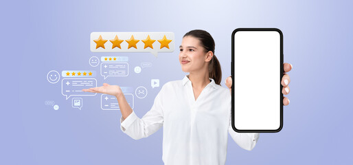 Poster - Woman holding smartphone with blank screen, surrounded by custom