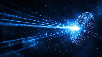 Poster - Digital satellite dish sending signal through space with light beams and stars in dark blue