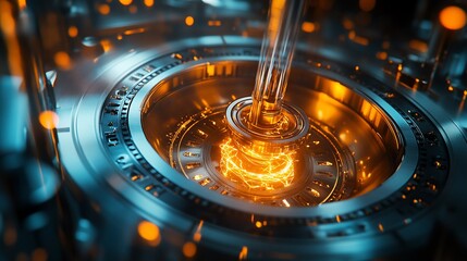 Poster - Intricate Metallic Mechanism with Glowing Energy Stream and Bokeh Effect in a Dynamic Close Up