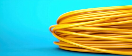 Poster - close-up of a coiled yellow cable on a vibrant blue background, illustrating modern technology and d