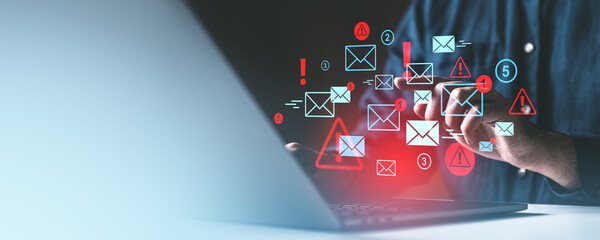 Poster - digital notifications and email alerts on a laptop screen interface.