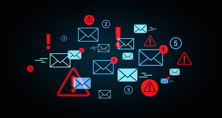 Poster - Illustration of email notifications with warnings, alerts, and envelopes in red and blue on a dark background. 3D Rendering