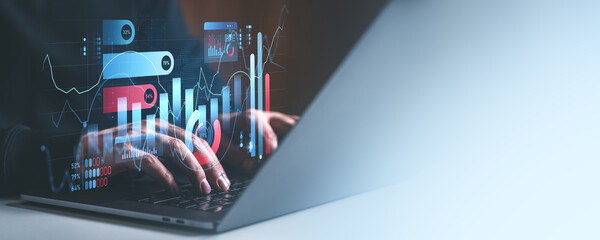 Poster - Digital charts and graphs overlaying laptop reflection, showcasing finance and trading data analysis.