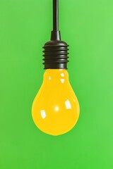 Poster - bright yellow light bulb hanging against a vibrant green background, perfect for creative concepts a
