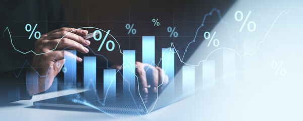Poster - Businessman's hands interacting with financial bar charts and percentage symbols on digital screen.